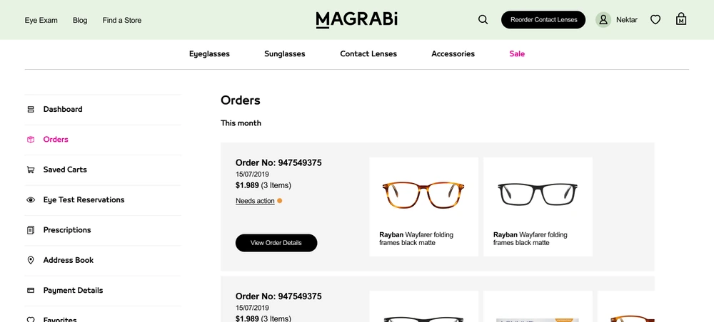 The Magrabi eyewear storefront home page with its eyeglasses, sunglasses and contact lens navigation.
