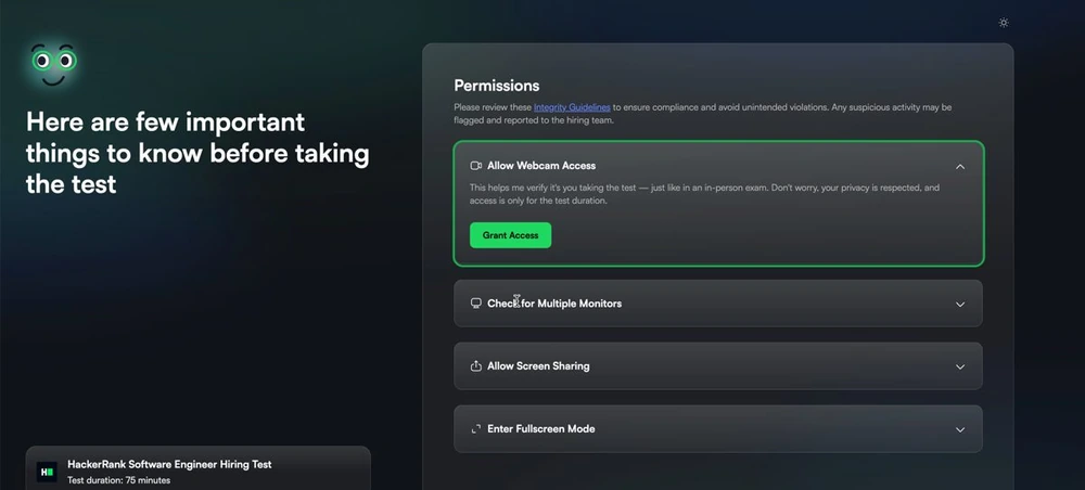 HackerRank proctor mode: candidate onboarding and the real-time monitoring panel.