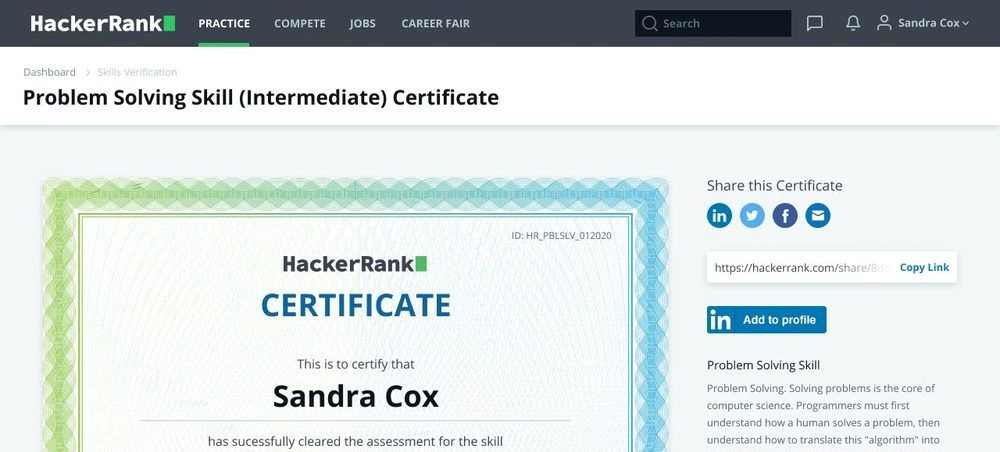 The HackerRank skills certification flow, showing a verified developer certificate.