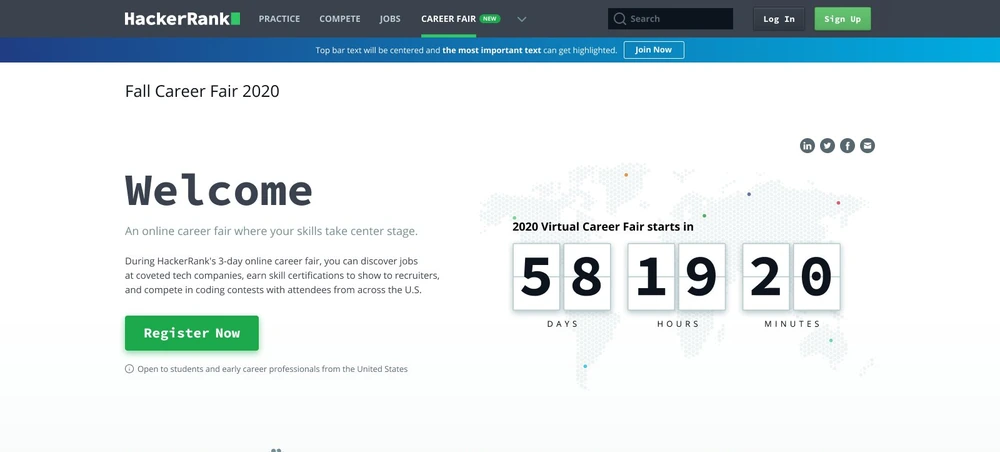The HackerRank Virtual Career Fair event page listing employers and open roles.