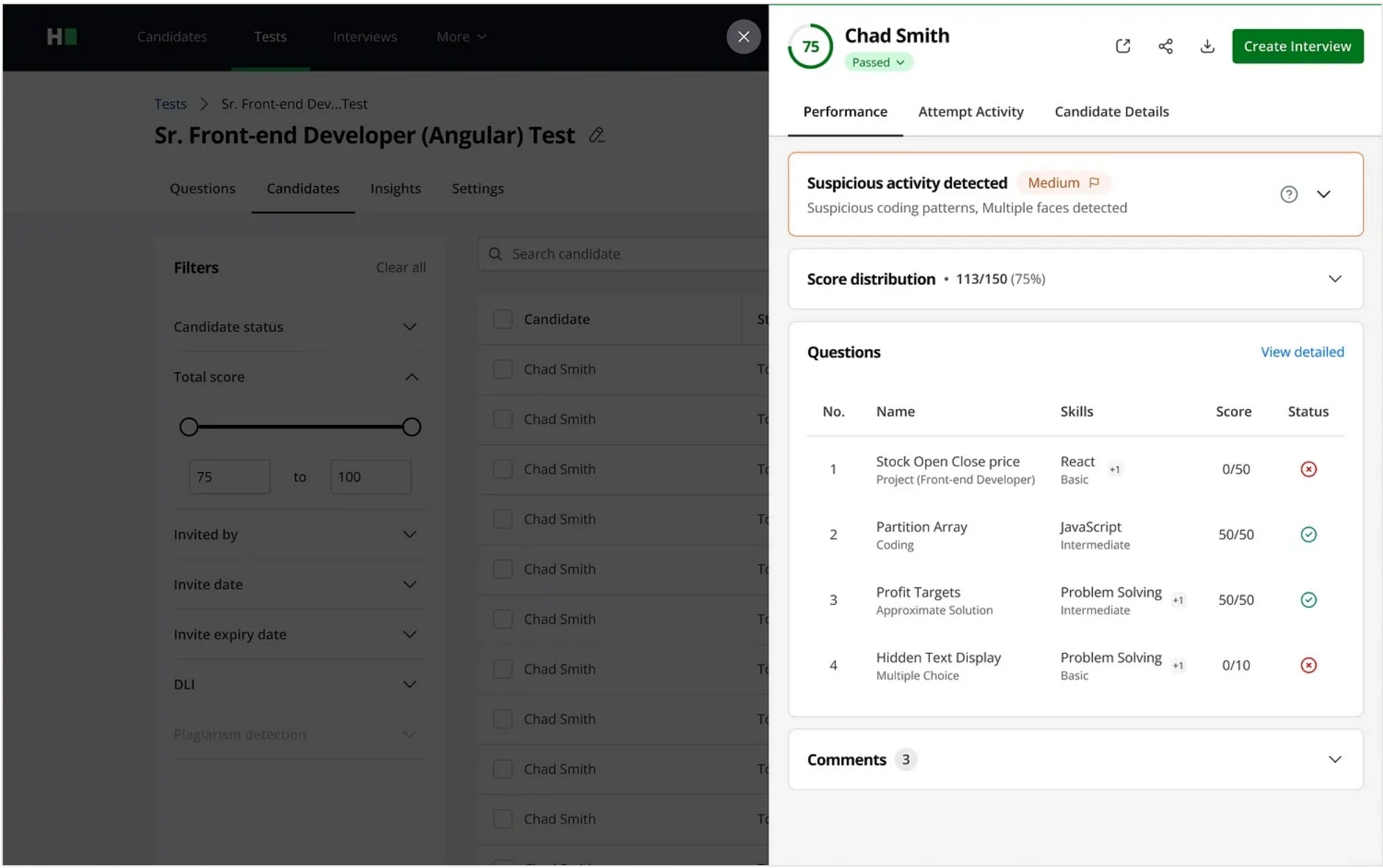 The redesigned HackerRank candidate test report, leading with a verdict and score summary.