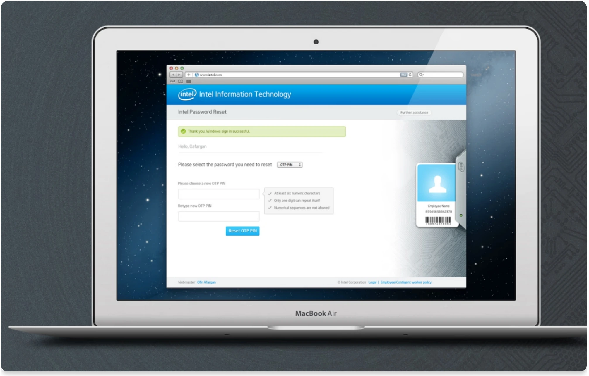 Intel Password Reset — Redesigned Intel's internal password reset experience, improving usability and operational efficiency.