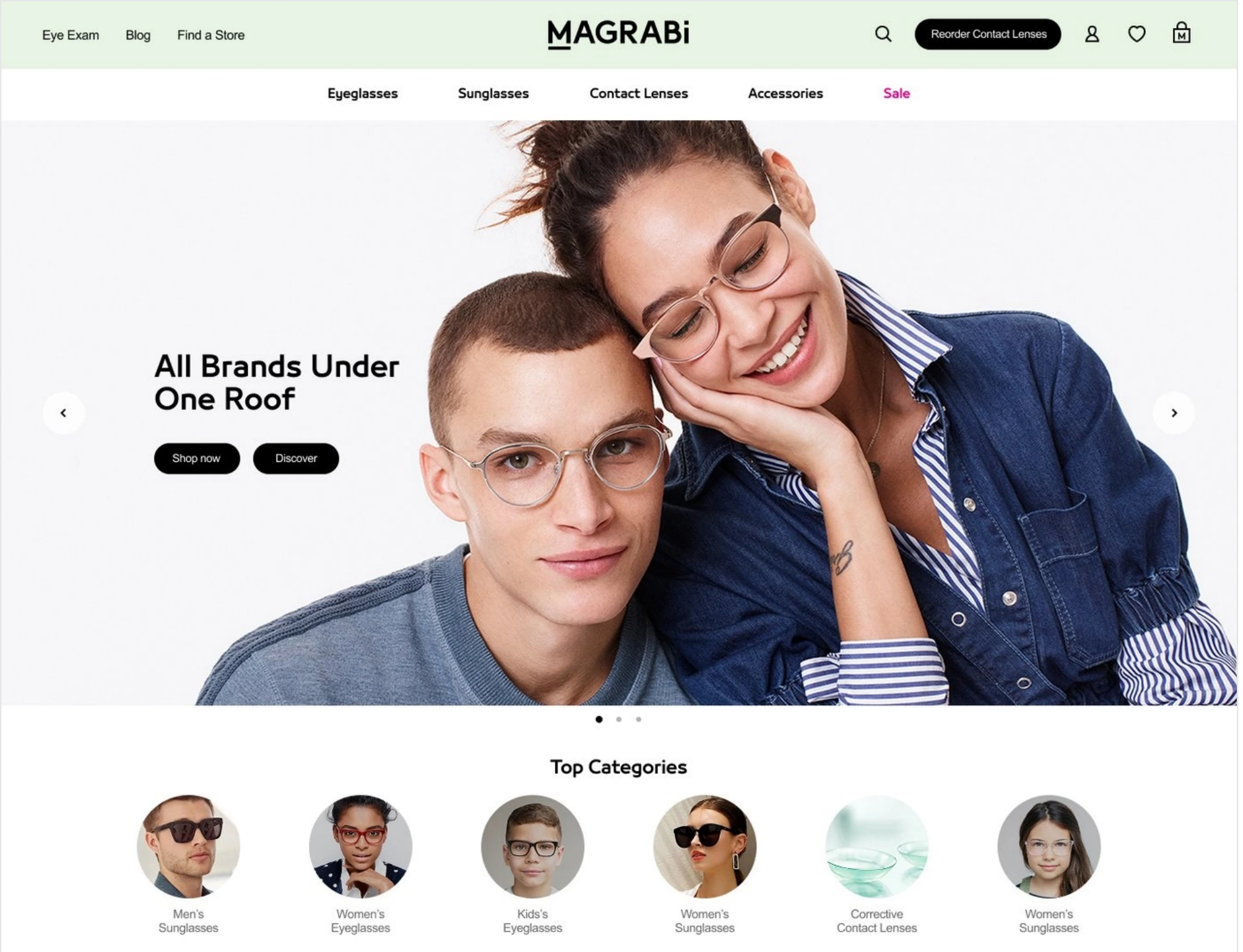 The Magrabi eyewear storefront home page with its eyeglasses, sunglasses and contact lens navigation.
