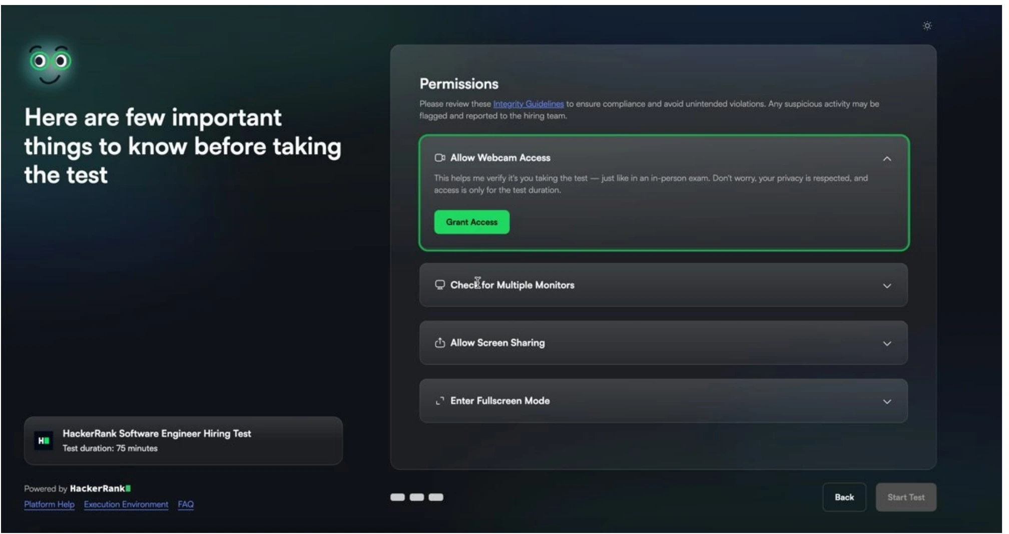 HackerRank proctor mode: candidate onboarding and the real-time monitoring panel.