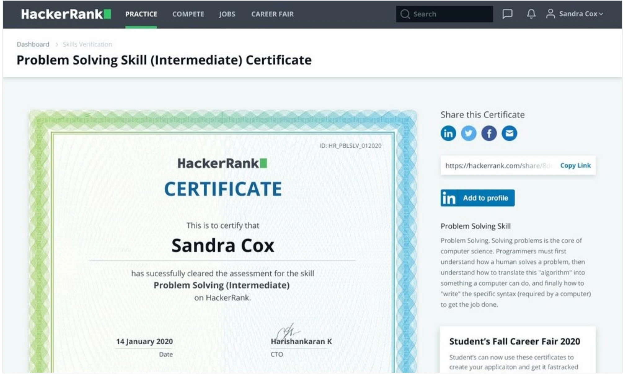 The HackerRank skills certification flow, showing a verified developer certificate.