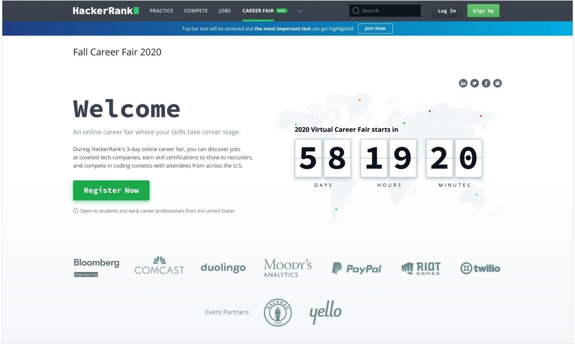 The HackerRank Virtual Career Fair event page listing employers and open roles.