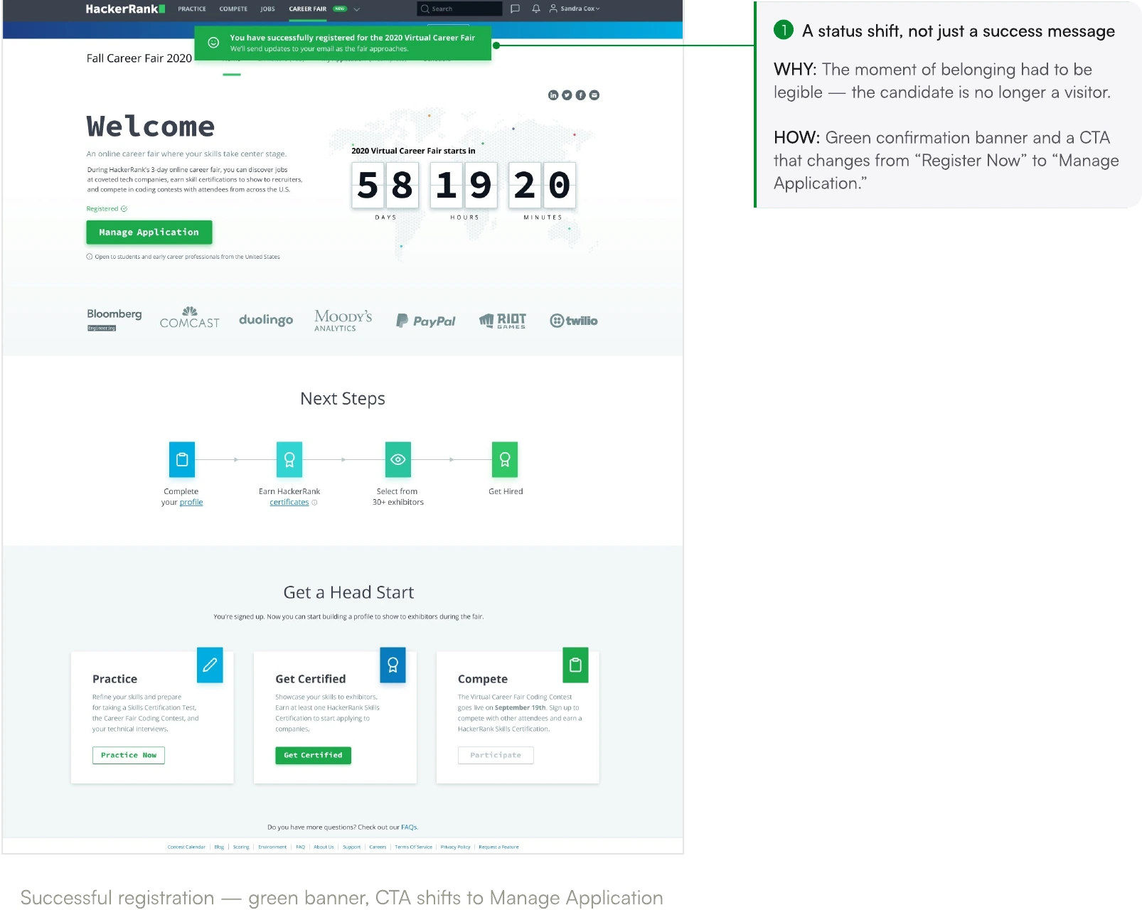 Screen from the HackerRank Virtual Career Fair case study.