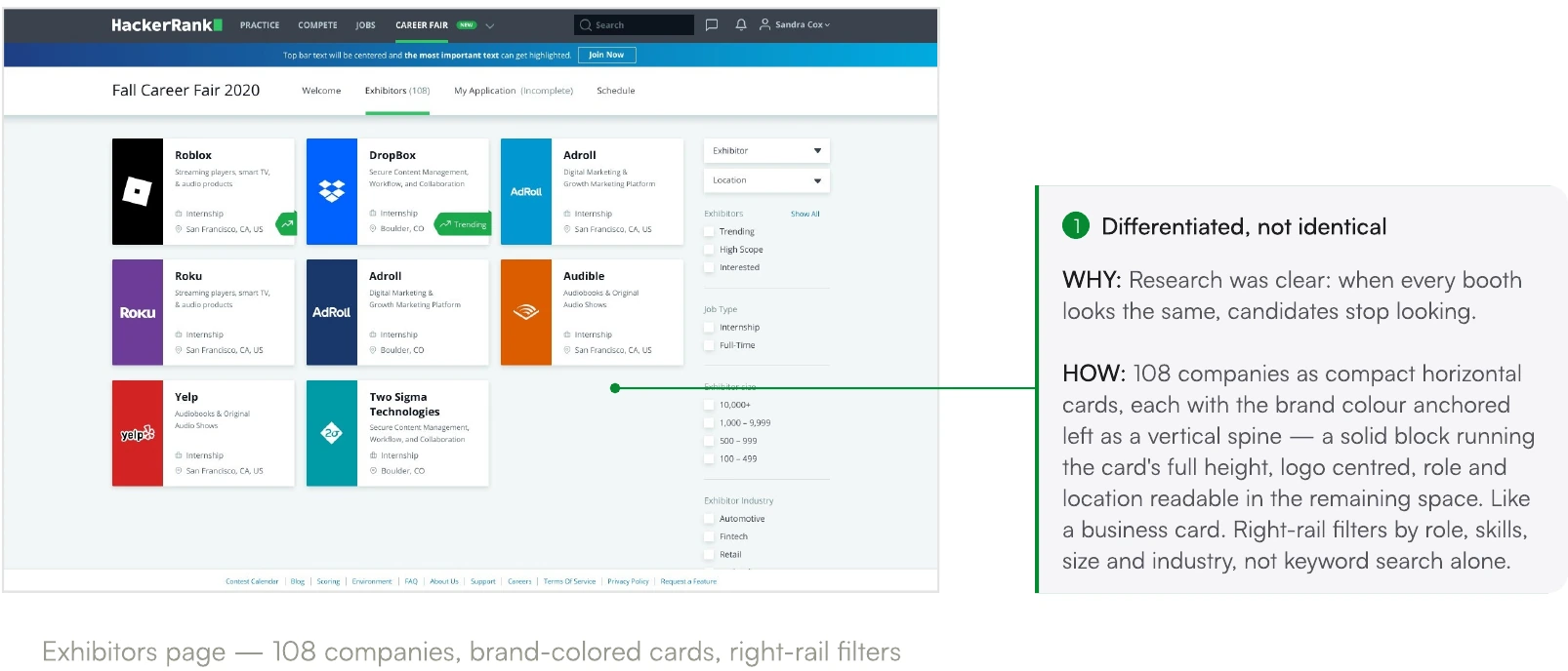 Screen from the HackerRank Virtual Career Fair case study.