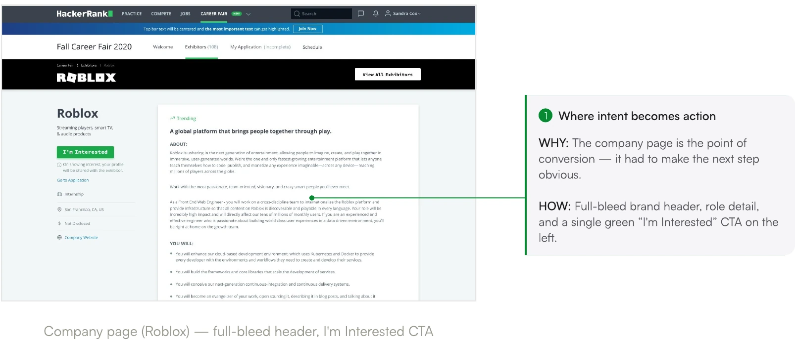 Screen from the HackerRank Virtual Career Fair case study.