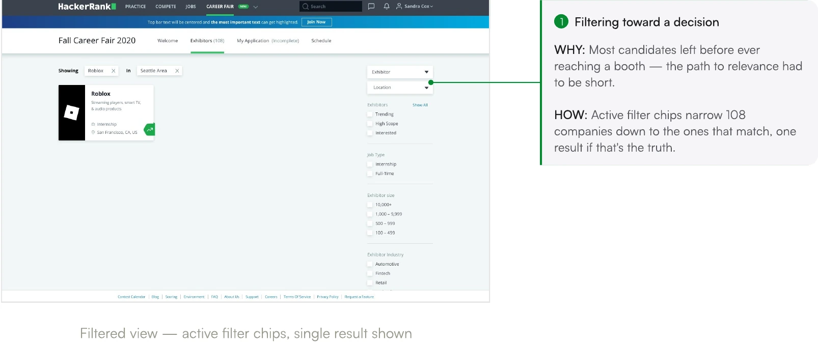 Screen from the HackerRank Virtual Career Fair case study.
