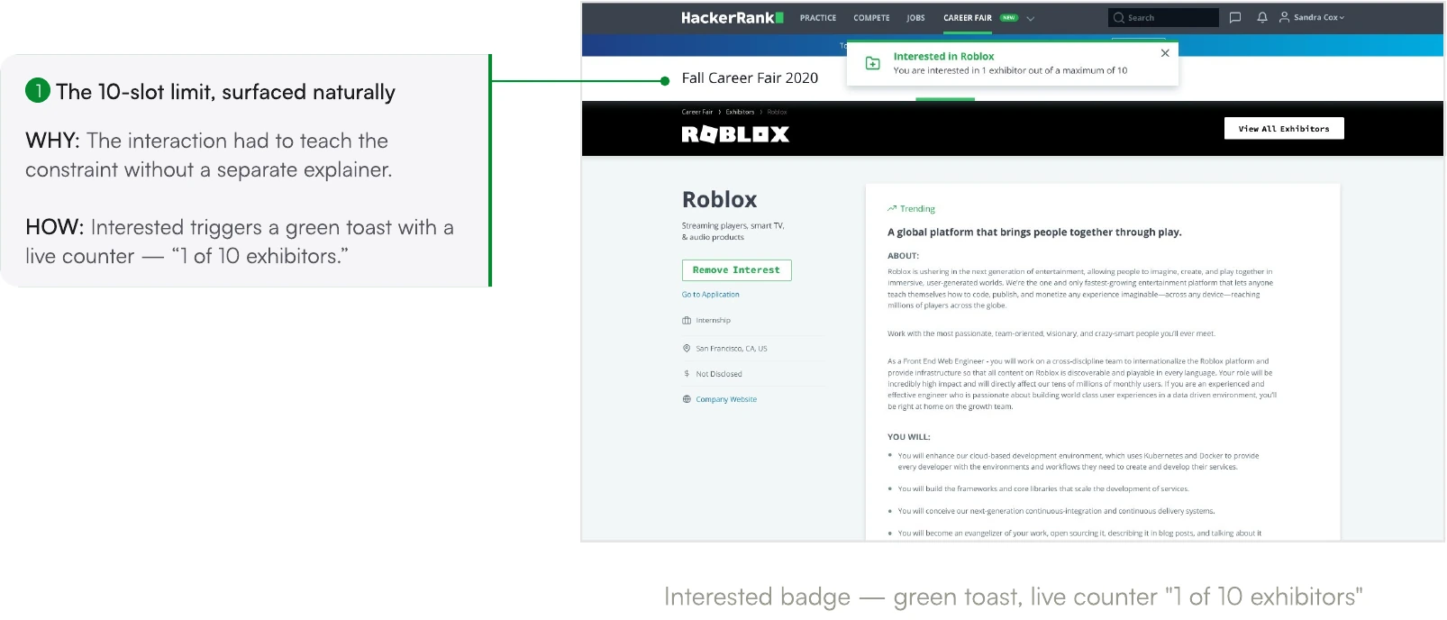 Screen from the HackerRank Virtual Career Fair case study.